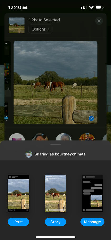 Instagram's iOS share sheet showing options to post, share to a Story, or send a message.